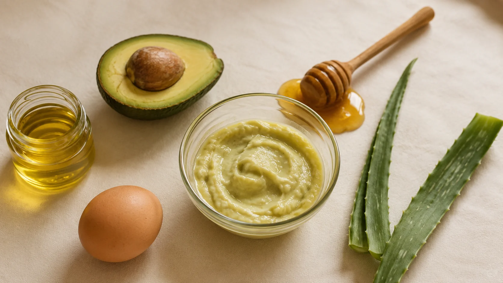 Natural DIY hair-care ingredients — avocado, honey, oil and aloe — laid out on a cream surface