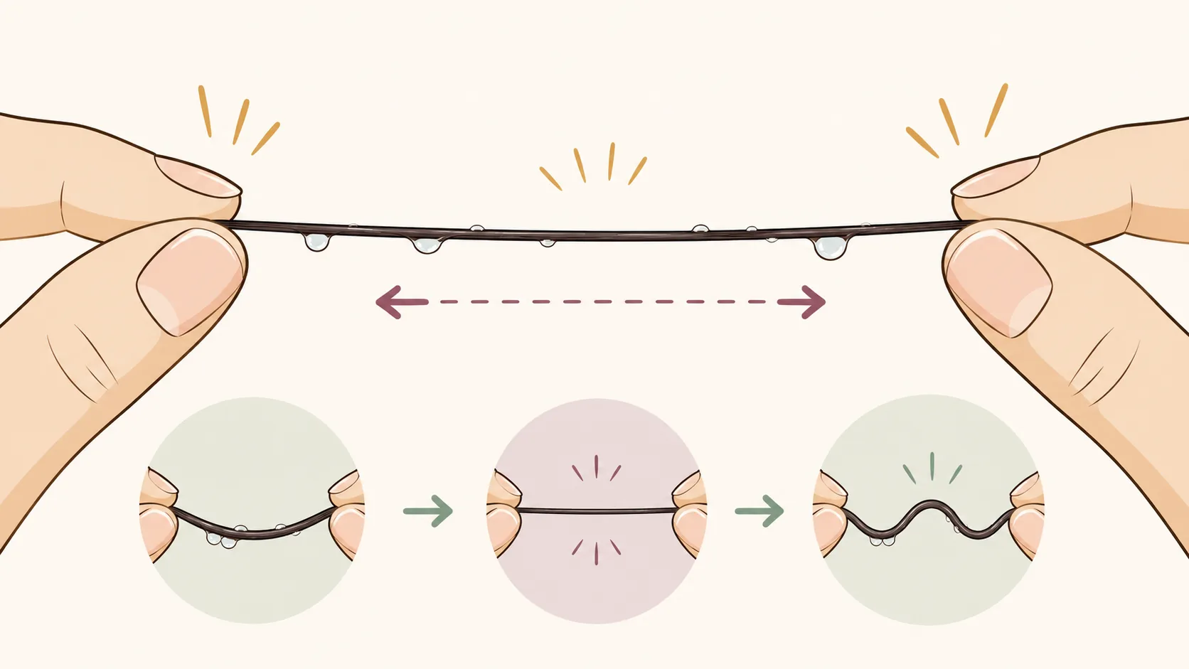 Illustration of a wet hair strand being gently stretched